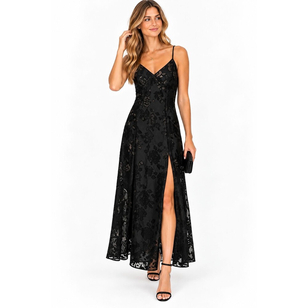 Vintage Victoria's Secret Slip Dress Size Medium Maxi Black Sheer Floral Long